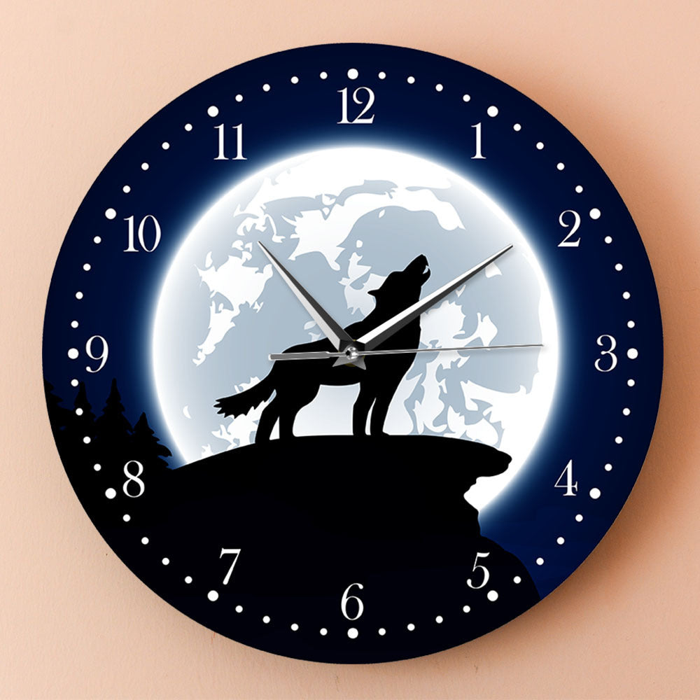 Acrylic Wild Animal Wall Clock Moon Wolf Howling Decorative Clock
