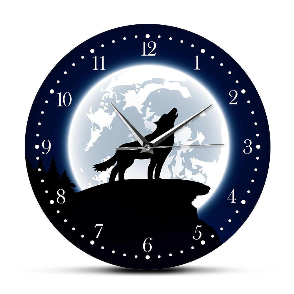 Acrylic Wild Animal Wall Clock Moon Wolf Howling Decorative Clock