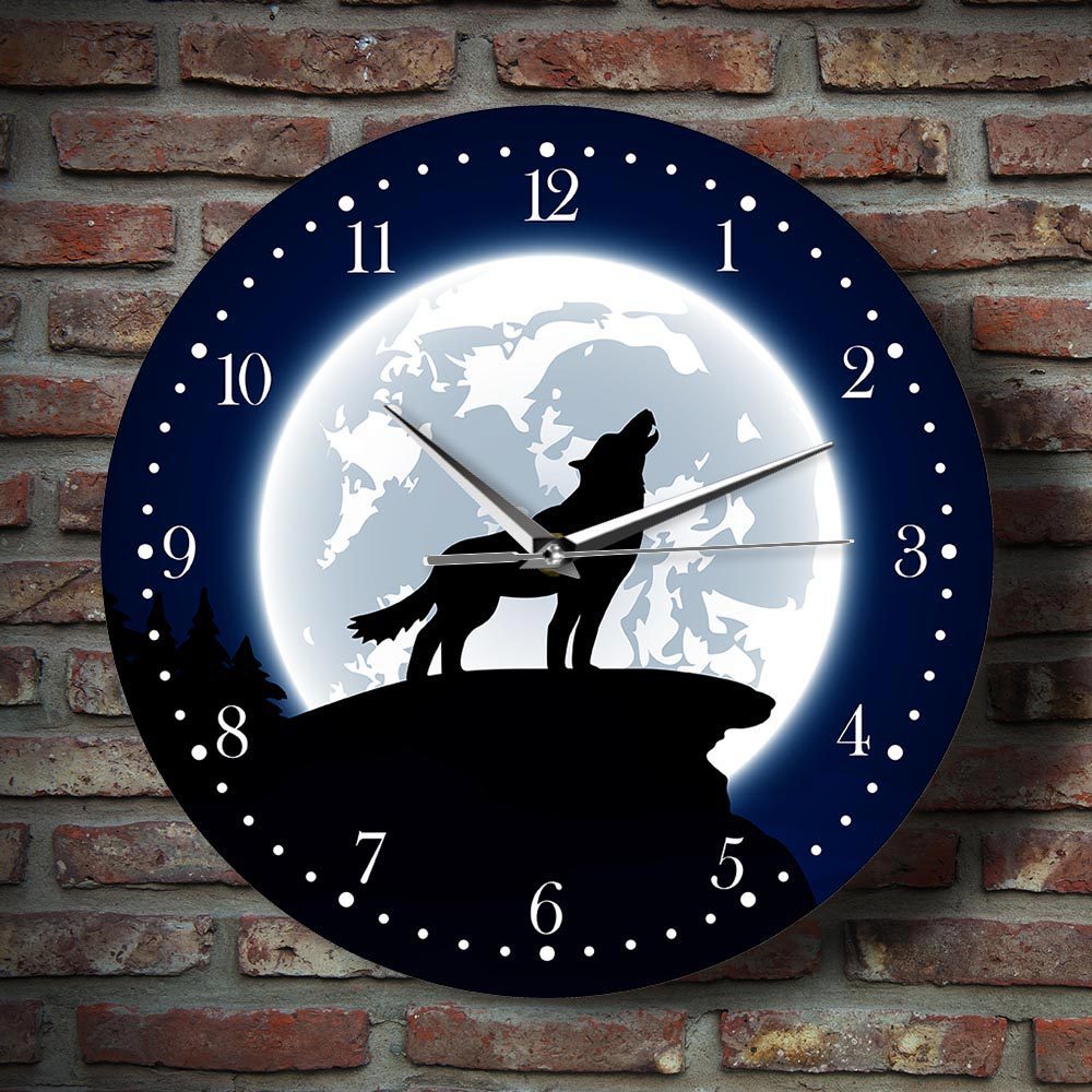 Acrylic Wild Animal Wall Clock Moon Wolf Howling Decorative Clock