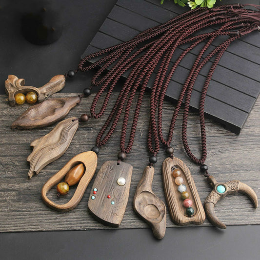 Ancient long sweater wooden chain necklace