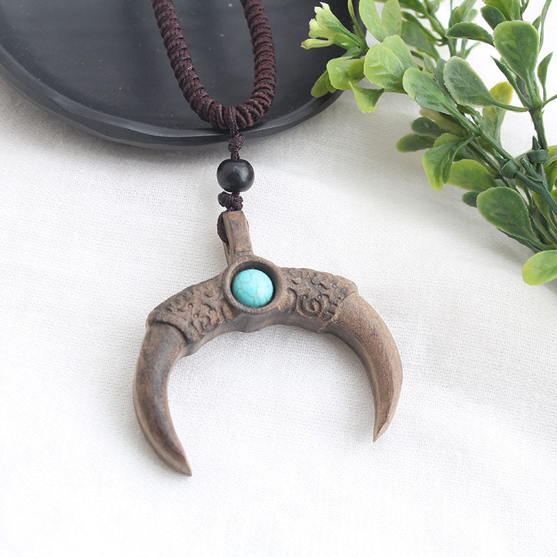 Ancient long sweater wooden chain necklace
