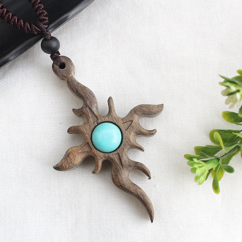 Ancient long sweater wooden chain necklace