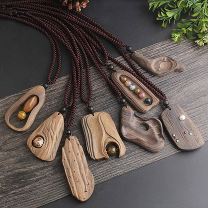 Ancient long sweater wooden chain necklace