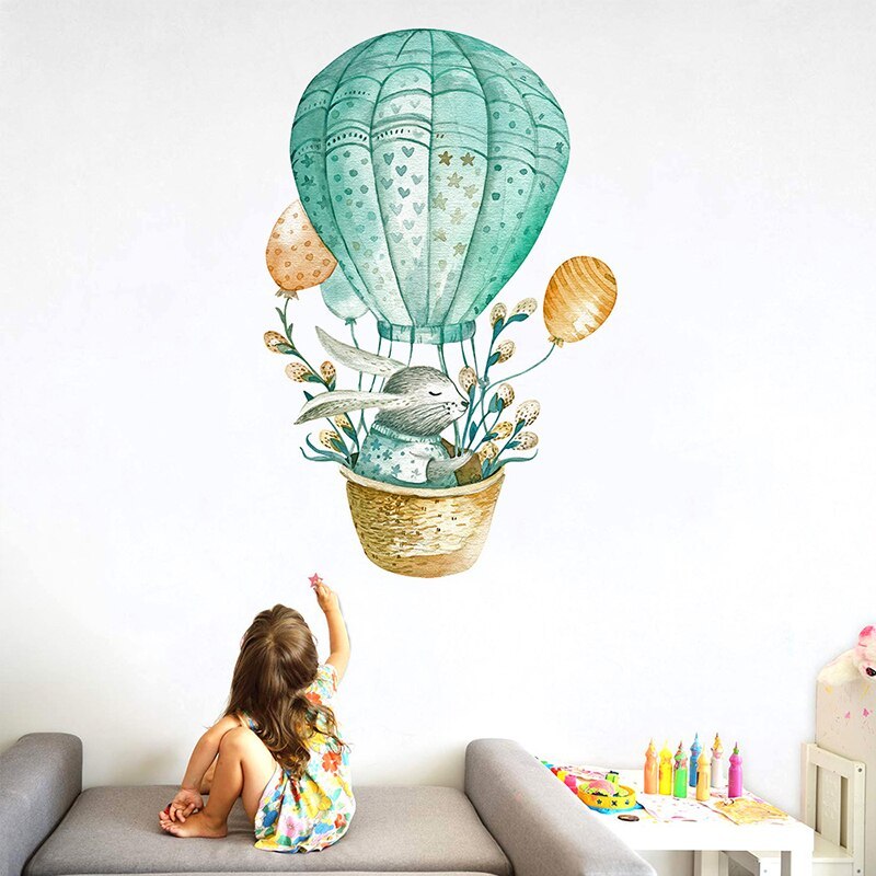 Hot Air Balloon Bunny Wall Stickers Children Room Self-adhesive Paper Wallpaper